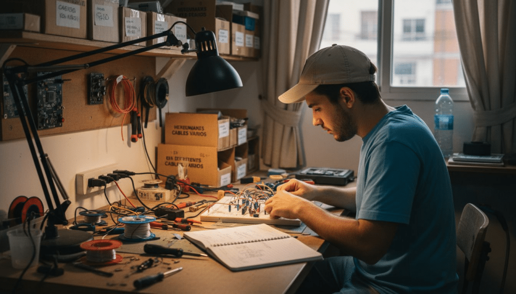Un ingeniero trabaja en el montaje de un prototipo tecnológico dentro del taller.