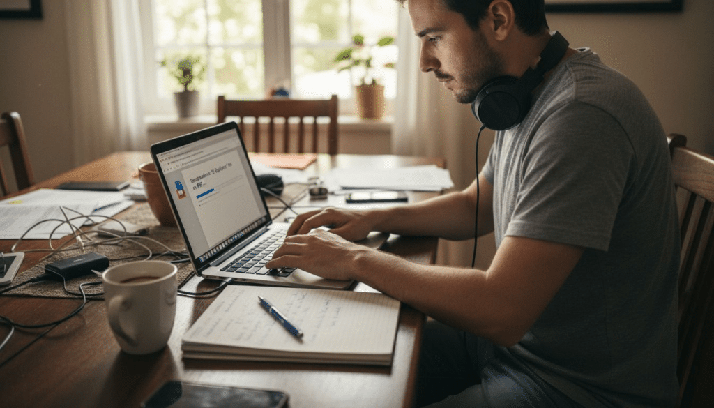 Un hombre descarga un libro en formato PDF en su portátil.