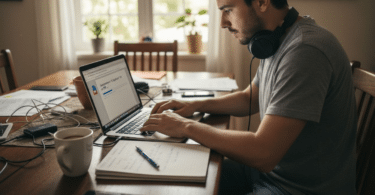 Un hombre descarga un libro en formato PDF en su portátil.