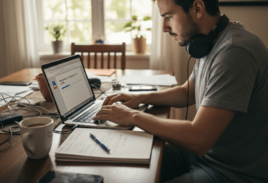 Un hombre descarga un libro en formato PDF en su portátil.