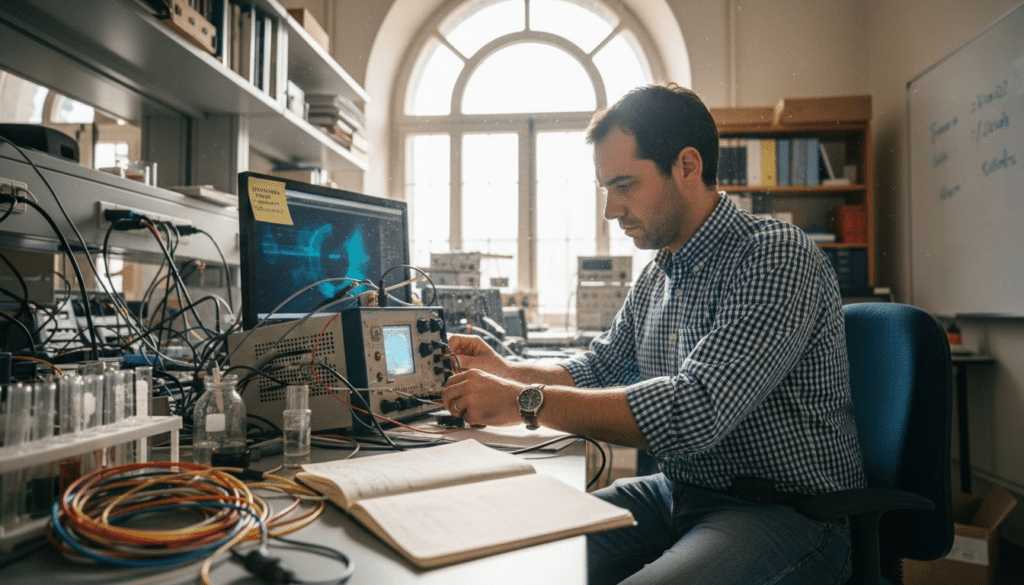 Investigador trabajando en el laboratorio, realizando experimentos con redes cuánticas en la mesa de trabajo.