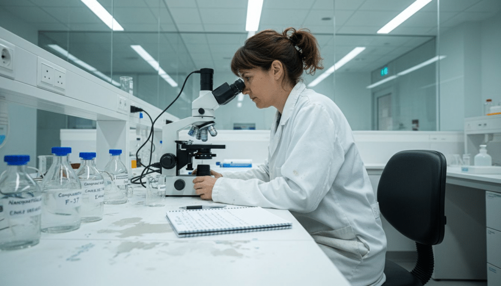 Investigadora trabajando con un microscopio en un laboratorio de nanotecnología
