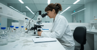 Investigadora trabajando con un microscopio en un laboratorio de nanotecnología