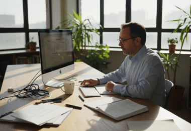 Hombre analizando esquemas de inteligencia artificial en su oficina