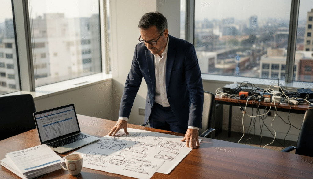 Directivo revisando propuestas de innovación tecnológica